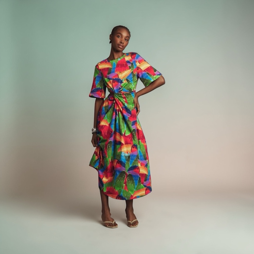 NWOT FARM RIO Toucan Print Cut Out Midi Dress